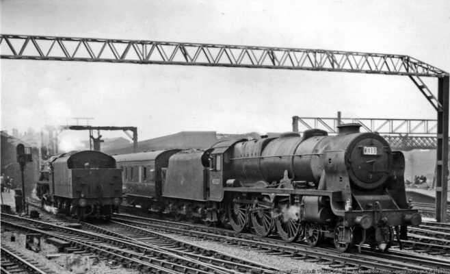 View NE from the south end of the station: WCML major junction. A scene taken in June 1959 when steelwork was already erected for the main-line electrification to Manchester the following year. The Rebuilt 'Patriot' is No. 45527 'Southport' (built 4/33, rebuilt 9/48, withdrawn 12/64). On the left is Stanier 'Black 5' No. 45282.