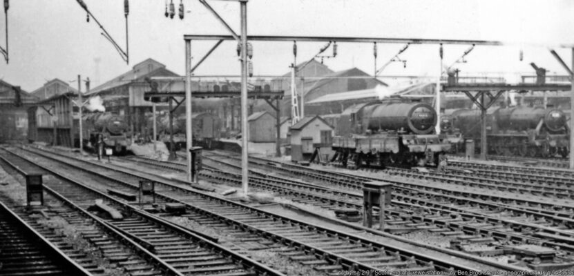 View NE from Platform 3, with the first stage of WCML electrification (Manchester - Crewe) under way. Engines visible include Black 5s Nos. 44750 and 45056, GW 2-6-2T No. 4120, 'Princess Royal' 4-6-2 No. 46212, and BR Class 2 2-6-0 No. 78030.